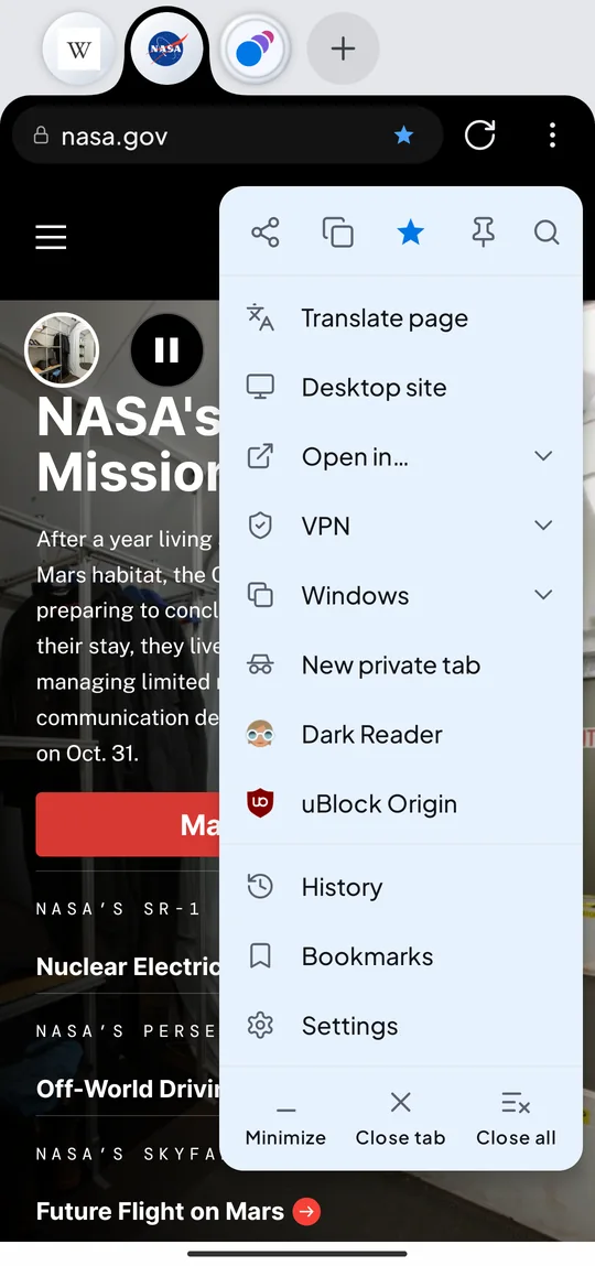 The page menu with every action