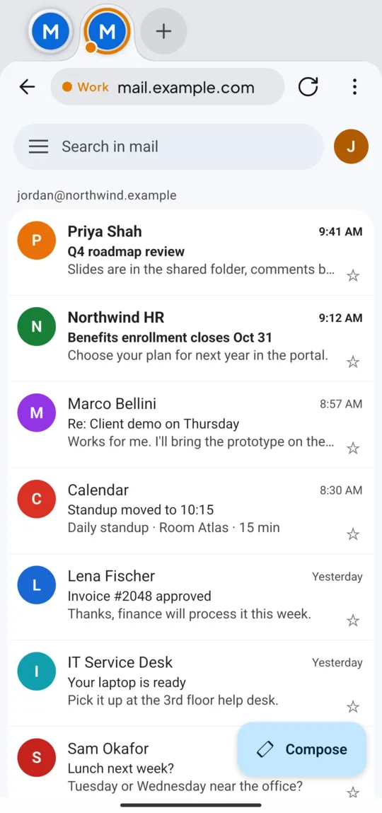 The same mail site in a Work bubble, with another account