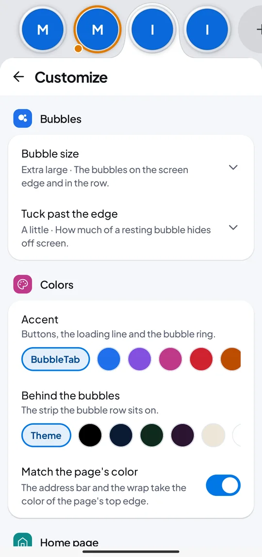 The Customize page with bubble size and color options