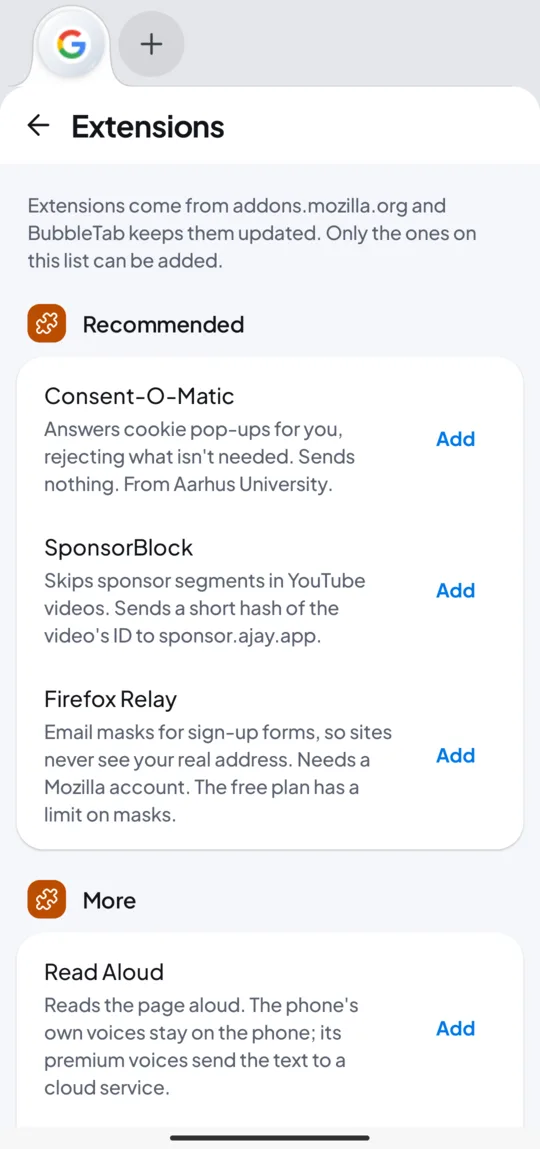 The extensions list