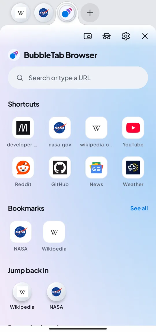 BubbleTab home page with shortcuts, bookmarks and recent tabs