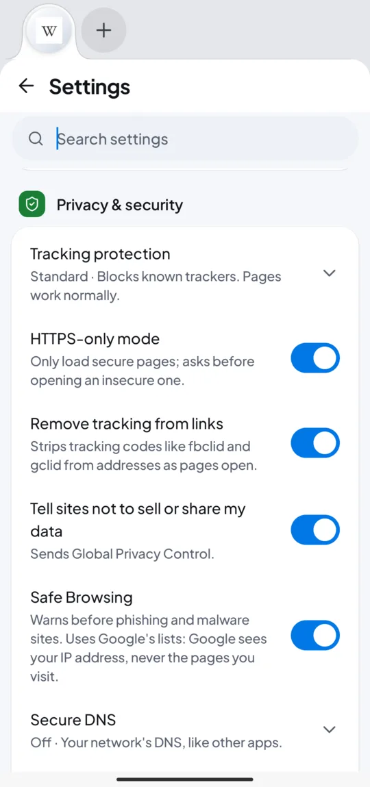 Privacy and security settings, all on
