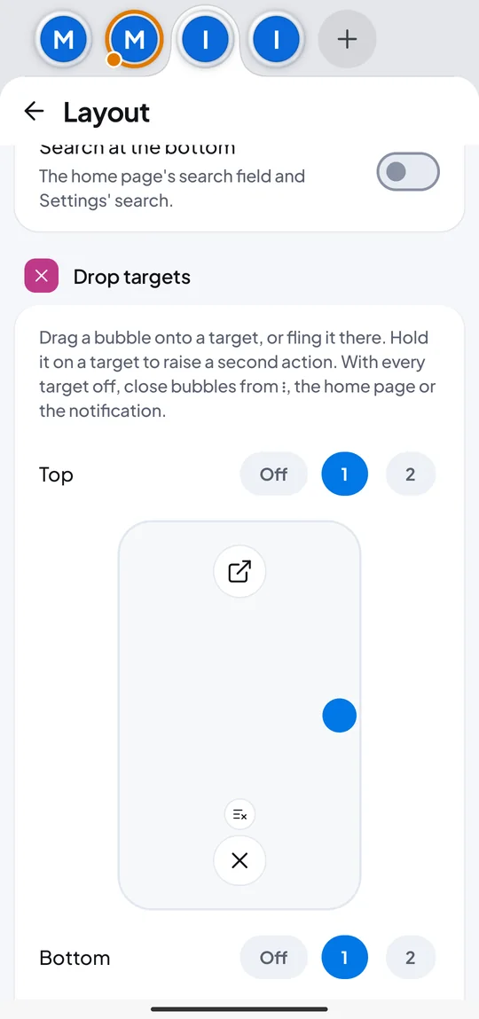 The drop-target editor with top and bottom zones